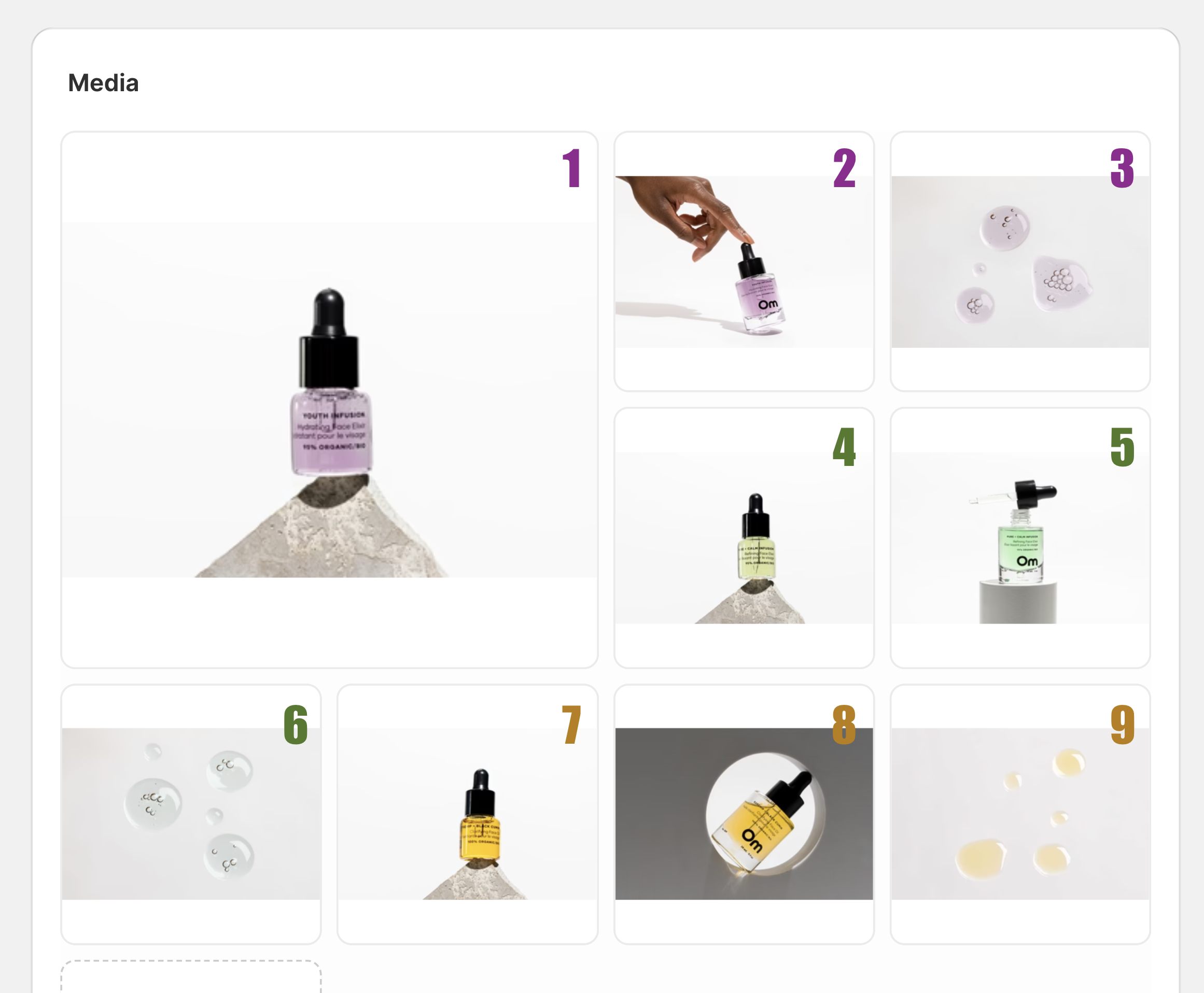 Images ordered for the color variants 'Purple', 'Green,' and 'Yellow'.
